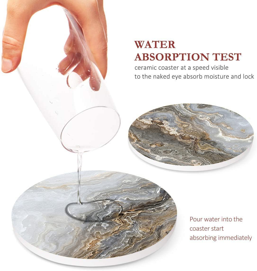 Britimes Coaster For Drinks Set Of 6, Grey Marble Golden Stone Agate Table Absorbent Round Ceramic Stone Mat, With Cork Base And